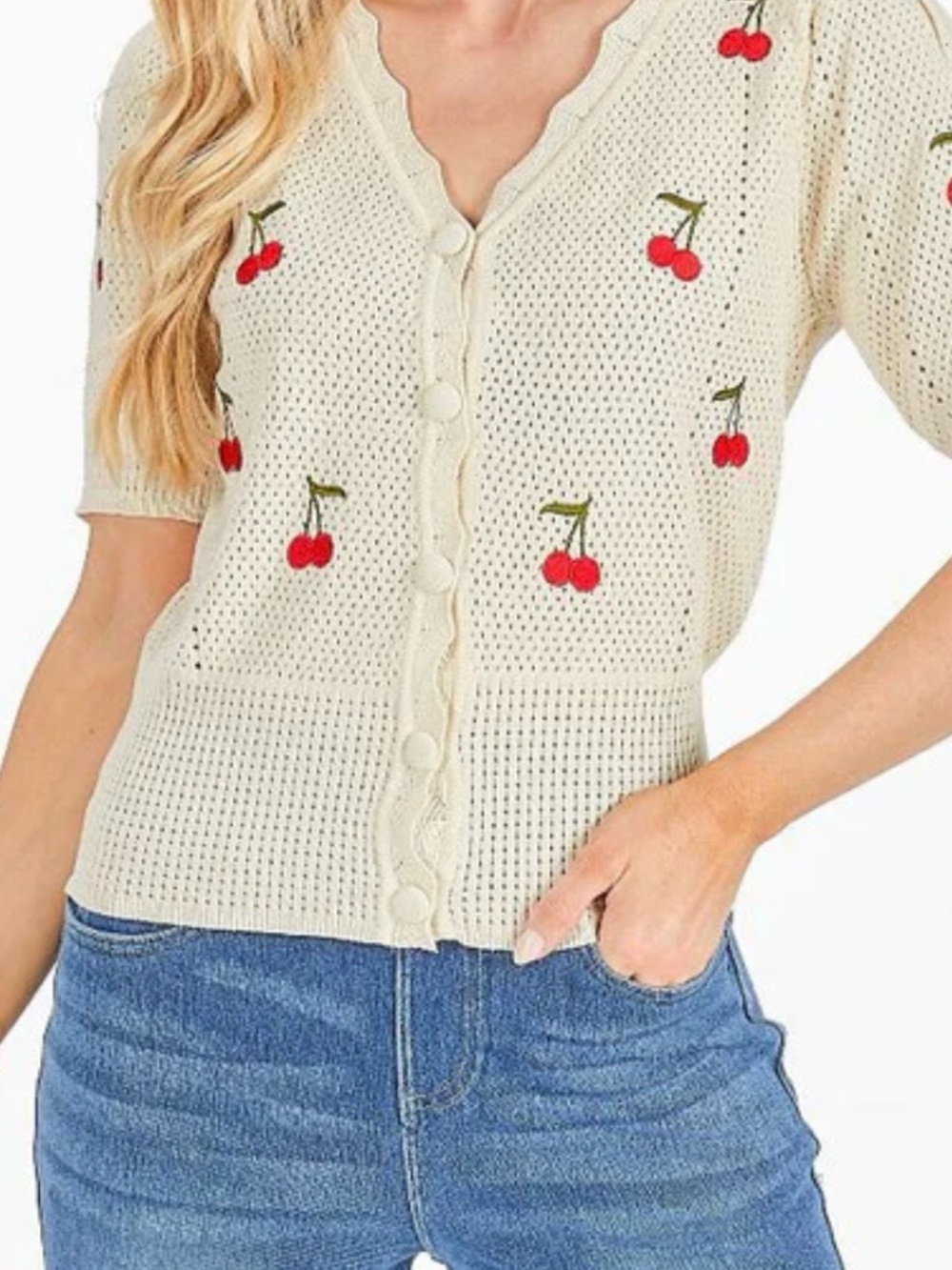 Simply Southern Women’s Cream Cherry-Embroidered Knit Cardigan Medium